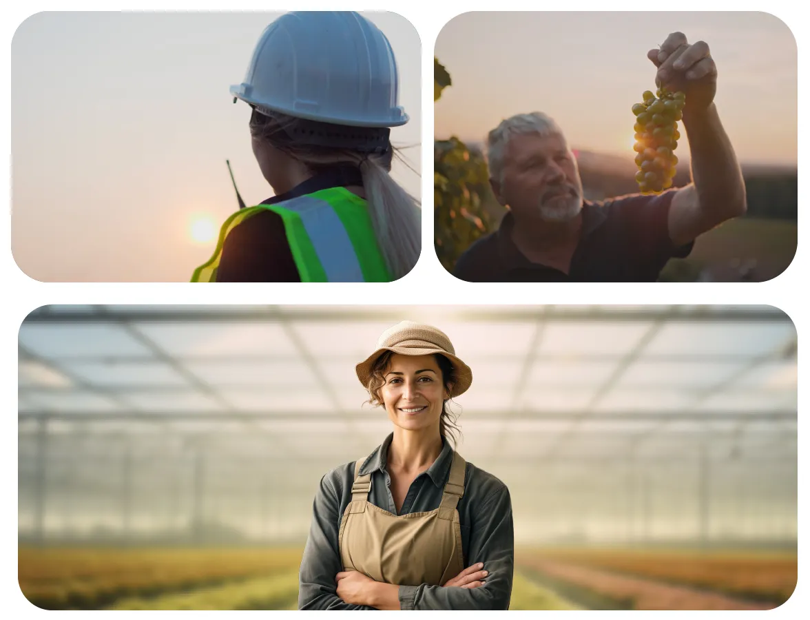 Personas del rubro agrícola, construcción e industrial representando sectores que acceden a liquidez con factoring