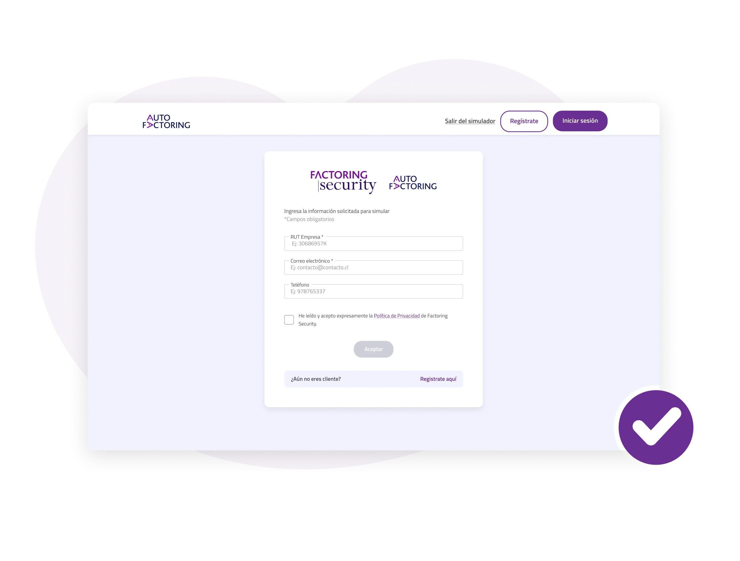 Pantalla de registro en AutoFactoring para que empresas accedan a la plataforma, gestionen sus facturas y obtengan liquidez de forma autogestionada