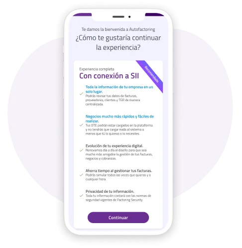 Pantalla de bienvenida de AutoFactoring con conexión a SII, que permite autogestión, carga automática de facturas y liquidez para las empresas
